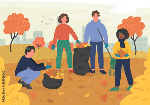 Autumn clean-up. Group of young people volunteers cleaning city park. Vector illustration.