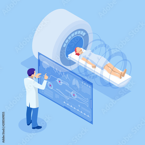 Isometric magnetic resonance therapy . Dctor in white coat is preparing patient for magnetic resonance imaging machine MRI computed tomography at hospital.