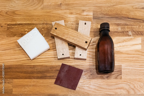 Wood furniture care kit on the Oak oiled wood plank table