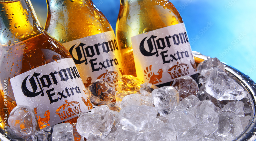 Bottles of Corona Extra beer in the bucket with crushed ice Stock Photo