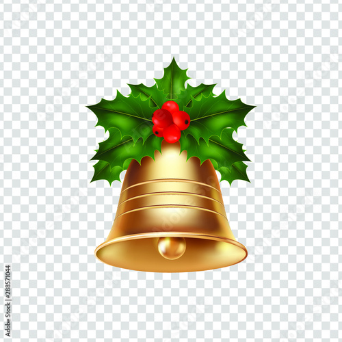 Golden metal bell with holly isolated on a transparent background, Christmas symbol, school bell, vintage bell. 3D effect, wind illustration. EPS10