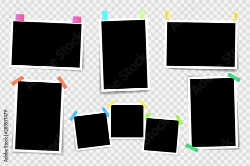 Set of square photo frames on sticky tape, pins. Template photo design. Vector illustration. Isolated on transparent background. Vector illustration