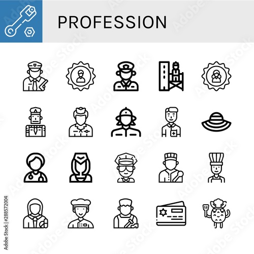 Set of profession icons such as Wrench, Policeman, User, Supervisor, Flight attendant, Firewoman, Nurse, Sun hat, Doctor, Cop, Chef, Pharmacist, Shoemaker, Member card , profession