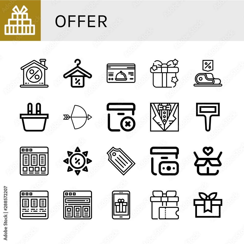 Set of offer icons such as Gift, Discount, Loyalty card, Shopping basket, Bow, Delete package, Label, Price list, Summer sale, Tag, Cash on delivery , offer