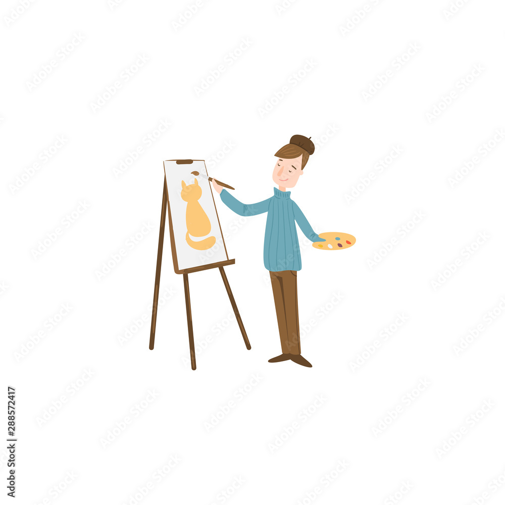 An artist paints a picture of the cat. Raster illustration isolated on white background