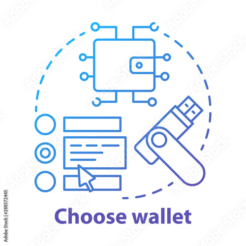 Choose wallet blue concept icon. Digital currency storing idea thin line illustration. Money transaction. Service for private keys storage. E wallet application. Vector isolated outline drawing