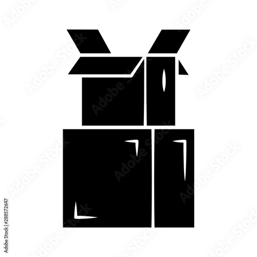 Cardboard boxes pile glyph icon. Parcel packing. Empty open carton boxes for wrapping order. Warehouse supply. Goods storage crates. Silhouette symbol. Negative space. Vector isolated illustration