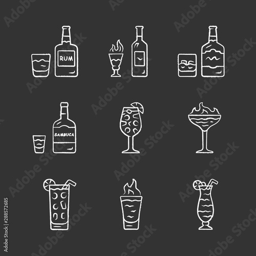 Drinks chalk icons set. Rum, absinthe, whiskey, sambuca, sangria, flaming cocktail and shot, hurricane glass, highball glass. Alcoholic beverages for party. Isolated vector chalkboard illustrations