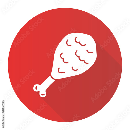 Fried chicken leg red flat design long shadow glyph icon. Roasted, grilled hen meat vector silhouette illustration. Unhealthy nutrition, barbecue symbol. Tasty lunch, delicious snack, harmful eating