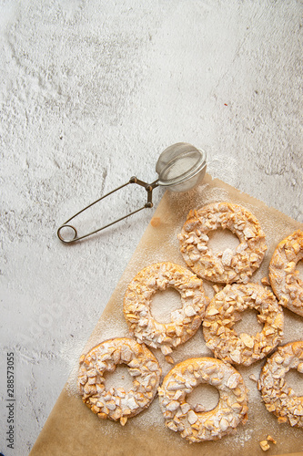 Homemade cake.Peanut butter ring cookies. Baking for Christmas photo