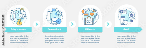 Generation vector infographic template. Baby boomers. Business presentation design elements. Data visualization with four steps and options. Process timeline chart. Workflow layout with linear icons