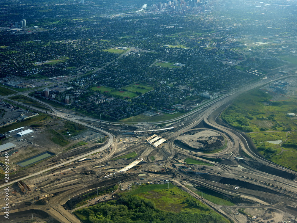 Calgary,Canada-September 2, 2109: Aerial view of construction of highway intersection in Calgary, Canada