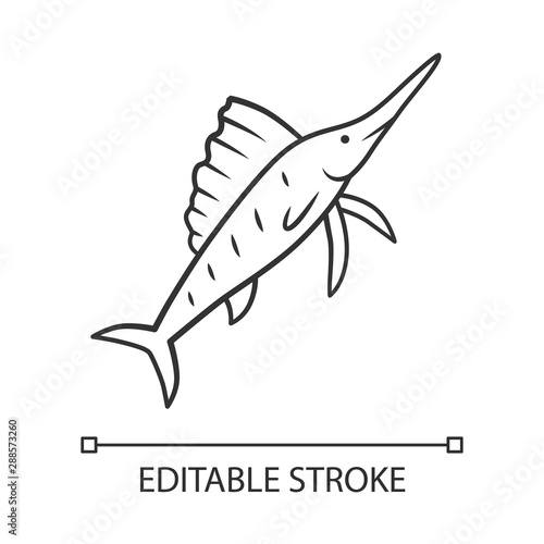 Sailfish linear icon. Fish with sharp nose. Undersea swordfish. Aquatic creature. Marine nature. Ocean fauna thin line illustration. Contour symbol. Vector isolated outline drawing. Editable stroke