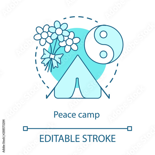 Peace camp concept icon. Nonviolent anti war protest, hippie movement, pacifism idea thin line illustration. Yin yang symbol, tent and flowers bouquet vector isolated outline drawing. Editable stroke