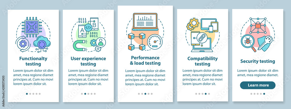 Software testing onboarding mobile app page screen with linear concepts. IT industry. Computer program development walkthrough steps graphic instruction. UX, UI, GUI vector template with illustrations