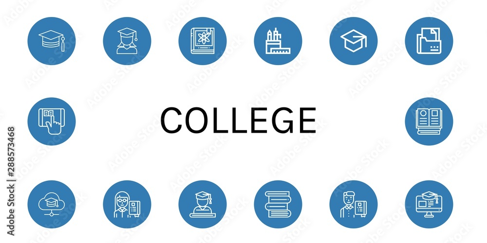 Set of college icons such as Mortarboard, Graduate, Physics, Pencil case, Curriculum, Professor, Books, Student, Education, Elearning , college Set of college icons such as Mortarboard, Graduate, Physics, Pencil case, Curriculum, Professor, Books, Student, Education, Elearning , college