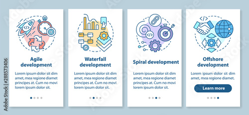 Software development methodologies onboarding mobile app page screen with linear concepts. Programming process walkthrough steps graphic instructions. UX, UI, GUI vector template with illustrations