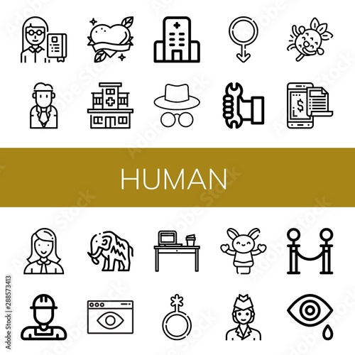 Set of human icons such as Professor, Businessman, Heart, Hospital, Hacker, Male, Worker, Laughing, Payment, Manager, Mammoth, Visual, Desk, Genderqueer, Hand puppet, Air hostess , human