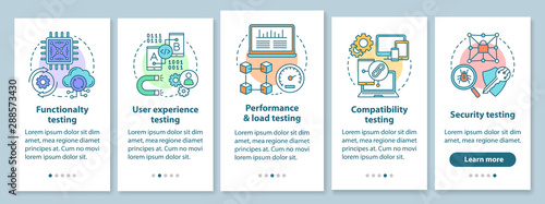Software testing onboarding mobile app page screen with linear concepts. IT industry. Computer program development walkthrough steps graphic instruction. UX, UI, GUI vector template with illustrations