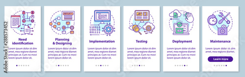 Software development stages onboarding mobile app page screen with linear concepts. Computer program creation walkthrough steps graphic instructions. UX, UI, GUI vector template with illustrations