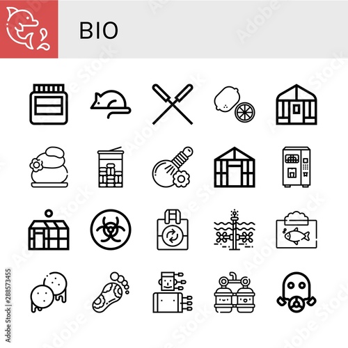 Set of bio icons such as Dolphin, Hormones, Animal testing, Acupuncture, Lemon, Greenhouse, Lithotherapy, Mint, Herbal, Juice, Biohazard, Reuse, Tidal, Ecosystem, Arepas , bio