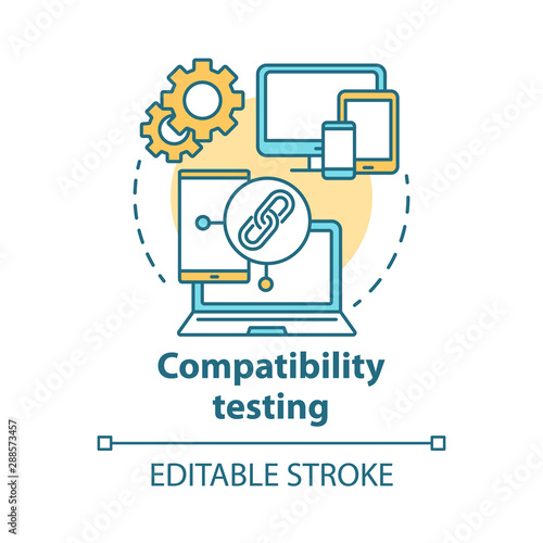 Compatibility testing concept icon. Non-functional examination. Checking software on different devices idea thin line illustration. Vector isolated outline drawing. Editable stroke