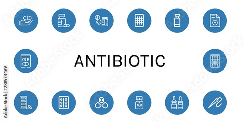 Set of antibiotic icons such as Medicine, Drugs, Gauze, Drug container, Prescription, Pills, Blister pack, Needle , antibiotic