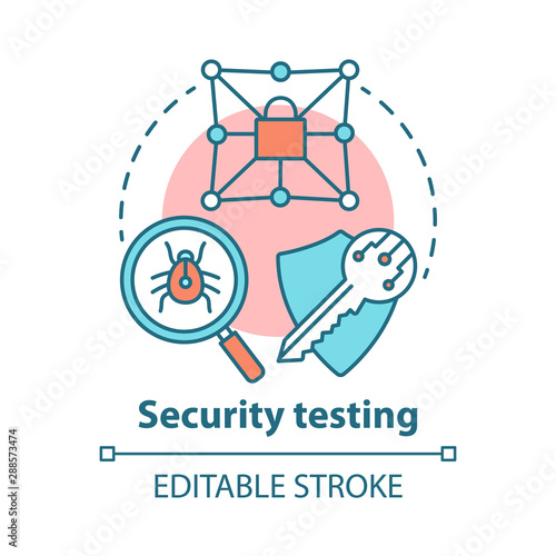 Security testing concept icon. Safety audit. Key reliability and antivirus defence. Intrusion data protection idea thin line illustration. Vector isolated outline drawing. Editable stroke