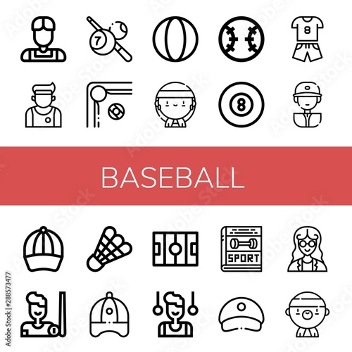 Set of baseball icons such as Athlete, Billiard, Ball, Gangsta, Baseball, Sport, Baseball player, cap, Shuttlecock, Hockey pitch, Gymnast, Cap, Mathematician ,