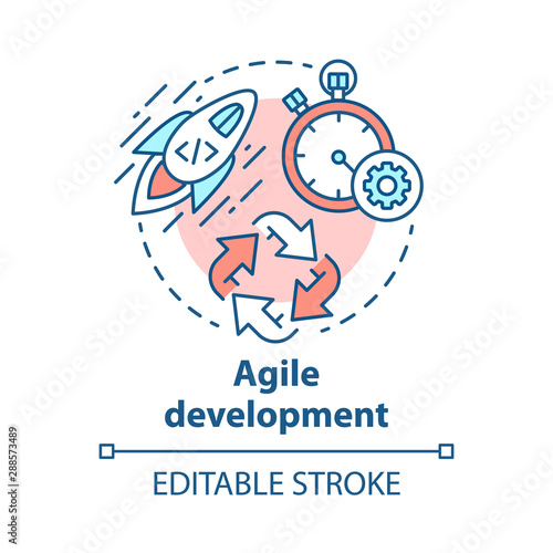 Agile development concept icon. Short term teamwork. Strategic management. Software programming cycle. Start IT project idea thin line illustration. Vector isolated outline drawing. Editable stroke