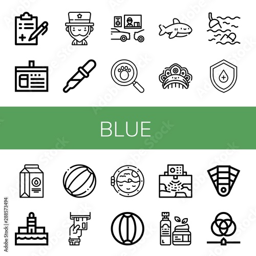 Set of blue icons such as Medical report, Library card, Uncle sam, Drop, Drive thru, Paw print, Shark, Kokoshnik, Sea, Milk, Lighthouse, Beach ball, Card, Boat porthole , blue