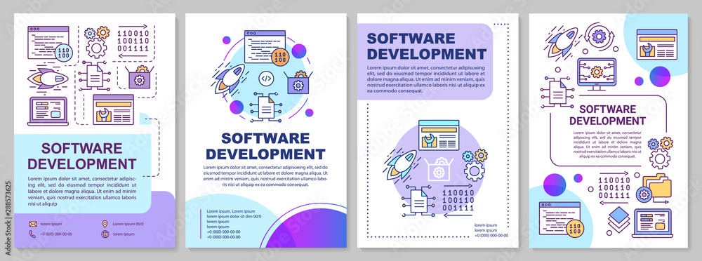 Software development brochure template layout. Frontend programming. Flyer, booklet, leaflet print design, linear illustrations. Vector page layouts for magazines, annual reports, advertising posters