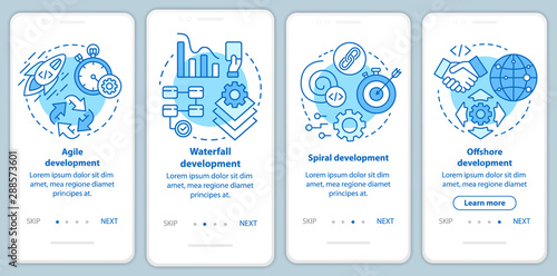 Software development methodologies onboarding mobile app page screen vector template. Programming process. Walkthrough website steps with linear illustrations. UX, UI, GUI smartphone interface concept