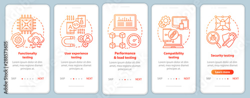 Software testing onboarding mobile app page screen vector template. Computer program development. Walkthrough website steps with linear illustrations. UX, UI, GUI smartphone interface concept
