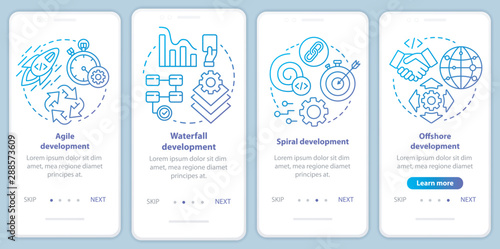 Software development methodologies onboarding mobile app page screen vector template. Programming process. Walkthrough website steps with linear illustrations. UX, UI, GUI smartphone interface concept