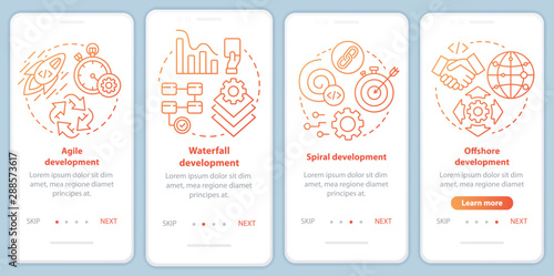 Software development methodologies onboarding mobile app page screen vector template. Programming process. Walkthrough website steps with linear illustrations. UX, UI, GUI smartphone interface concept