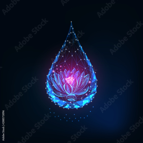 Futuristic glowing low polygonal pink lotus flower inside of water drop on dark blue background.