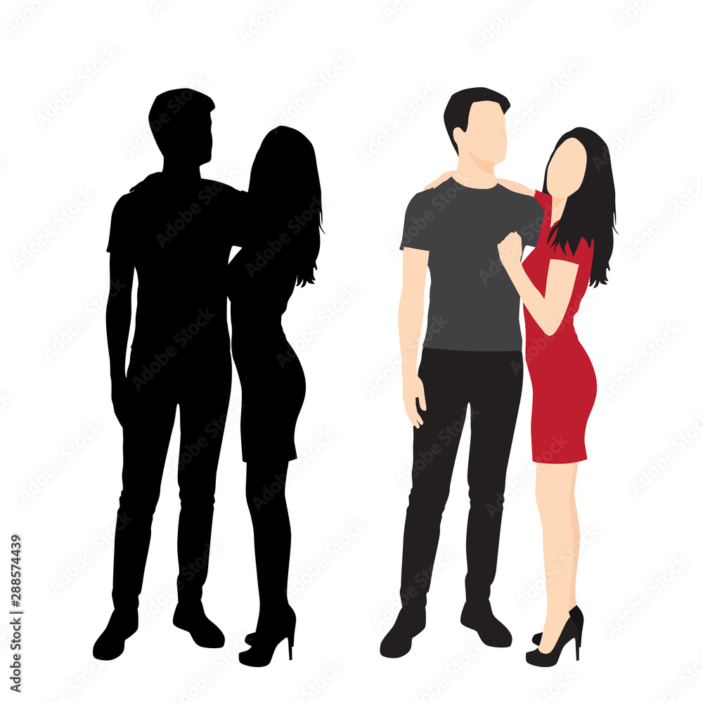 Silhouettes of man and woman standing, cartoon character, couple business people, vector illustration, flat designe icon, isolated on white background