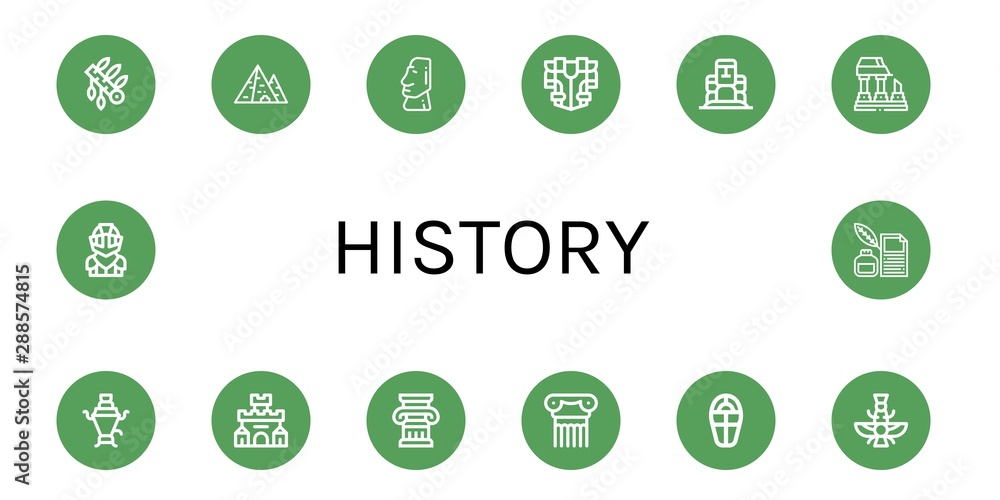 Set of history icons such as Headdress, Pyramid, Moai, Armour, Ruined, Samovar, Fortress, Column, Sarcophagus, Faravahar, Knight, Quill , history Set of history icons such as Headdress, Pyramid, Moai, Armour, Ruined, Samovar, Fortress, Column, Sarcophagus, Faravahar, Knight, Quill , history