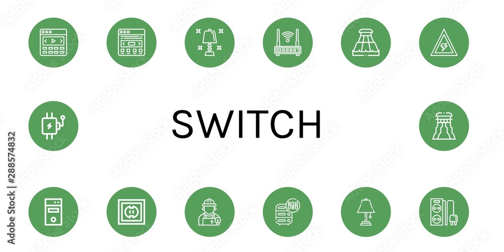 Set of switch icons such as Slider, Table lamp, Router, Voltage, Computer tower, Socket, Electrician, Adjustment, Power strip, Lever , switch Set of switch icons such as Slider, Table lamp, Router, Voltage, Computer tower, Socket, Electrician, Adjustment, Power strip, Lever , switch