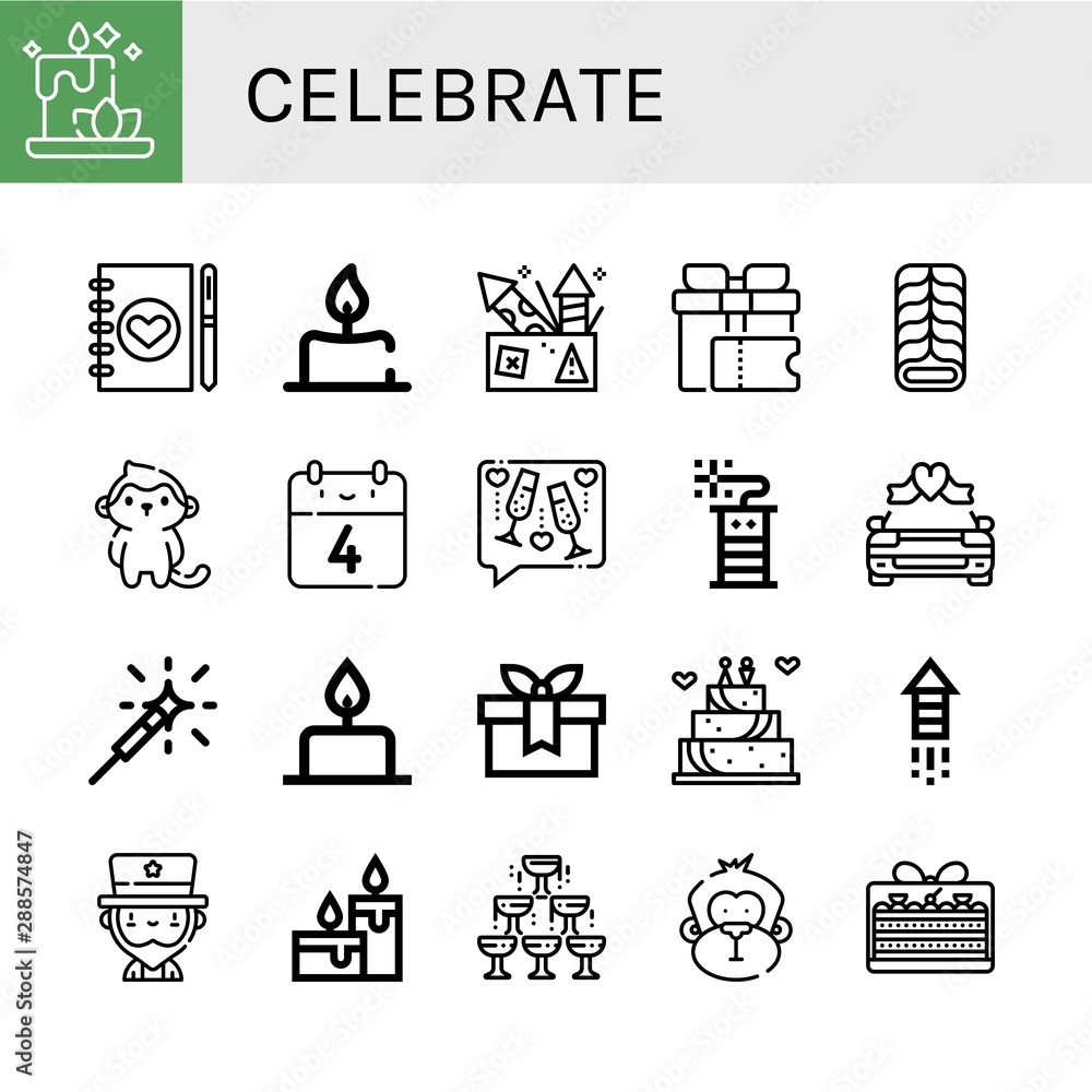 Set of celebrate icons such as Candle, Wedding planner, Fireworks, Gift, Cake, Monkey, th of july, Toast, Firecracker, Wedding car, Sparkler, Wedding cake, Uncle sam , celebrate Set of celebrate icons such as Candle, Wedding planner, Fireworks, Gift, Cake, Monkey, th of july, Toast, Firecracker, Wedding car, Sparkler, Wedding cake, Uncle sam , celebrate
