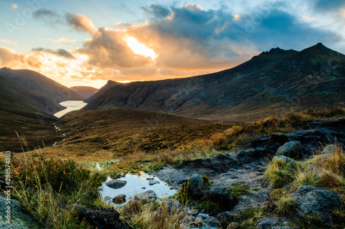 Ben Crom Reservoir in the Mourne Mountains, County Down, Northern Ireland, seen at sunset