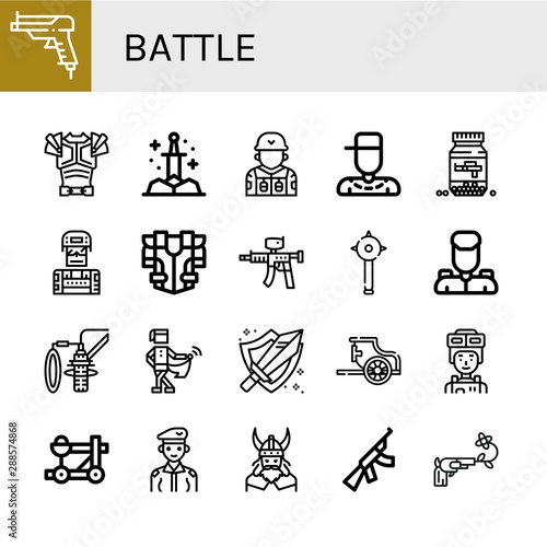 Set of battle icons such as Gun, Armor, Sword, Soldier, Rapper, Ammo, Armour, Paintball gun, Mace, Military, Dubbing, Medieval, Chariot, Catapult, Viking, Assault rifle , battle