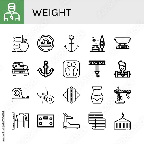 Set of weight icons such as Trainer, Diet, Libra, Anchor, Feather, Scale, Bathroom scale, Crane, Weighlifter, Measuring tape, Breast implant, Hot dog, Waist, Measure , weight