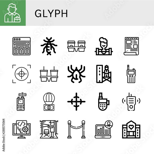 Set of glyph icons such as Salesman, Price list, Earwig, Cup carrier, Weighlifter, Script, Crosshair, Acari, Supervisor, Walkie talkie, Parachute, Center of gravity, Director , glyph