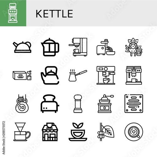 Set of kettle icons such as Coffee grinder, Teapot, French press, Coffee maker, Mincer, Coffee, Tea bag, Cezve, Kettlebell, Toaster, Grinder, Extractor, Dripper, shop , kettle