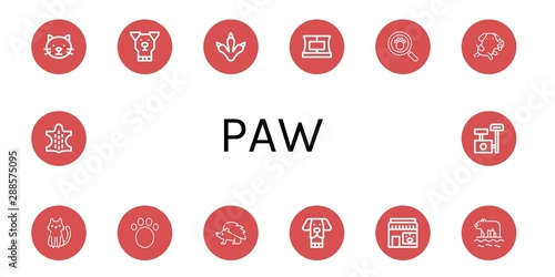 Set of paw icons such as Cat, Dog, Claws, Collar, Paw print, Animal, Hedgehog, Pet shop, Polar bear, Scratching post , paw