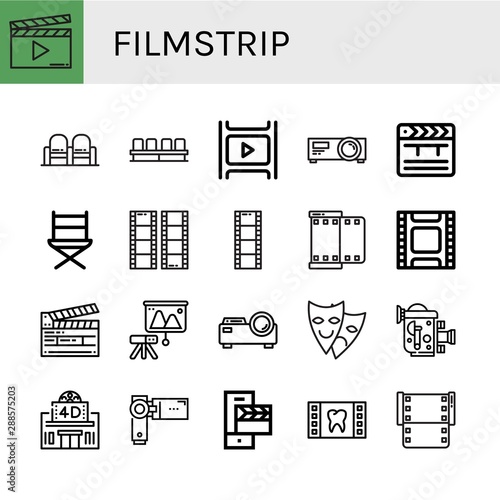 Set of filmstrip icons such as Clapperboard, Movie, Film, Projector, Clapper, Directors chair, Film roll, Theater, Old video camera, Movie theater, Videocamera , filmstrip