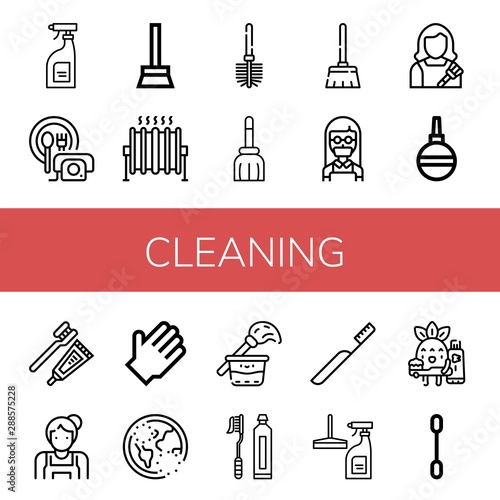 Set of cleaning icons such as Cleaning products, Room service, Broom, Heat, Toilet brush, Maid, Housekeeper, Pear Enema, Toothbrush, Rubber gloves, Ozone, Cleaning ,