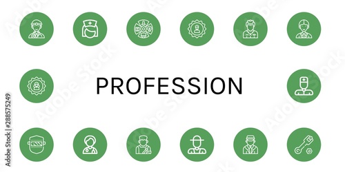 Set of profession icons such as Doctor, Nurse, Role, User, Flight attendant, Officer, Welding, Shoemaker, Farmer, Chauffeur, Wrench , profession